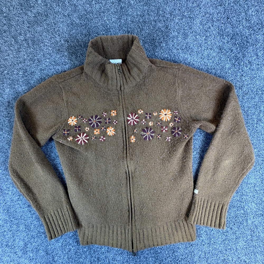 Columbia Sweater Womens S Brown Tight Knit Embroidered Floral Mock Neck Full Zip